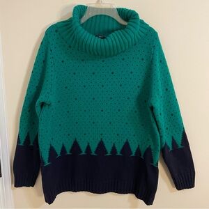 Talbots Winter Woods Green and Navy Cowl Neck Sweater Women’s Size 1X